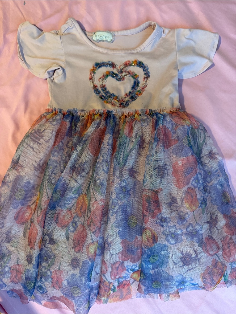 btween Girls Floral Tulle Heart Dress in Cream and Multi